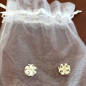 Tory Burch Silver Logo Stud Earrings